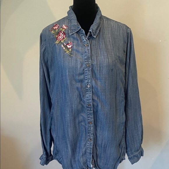 Tops - Embroidered Denim Shirt with Floral Design